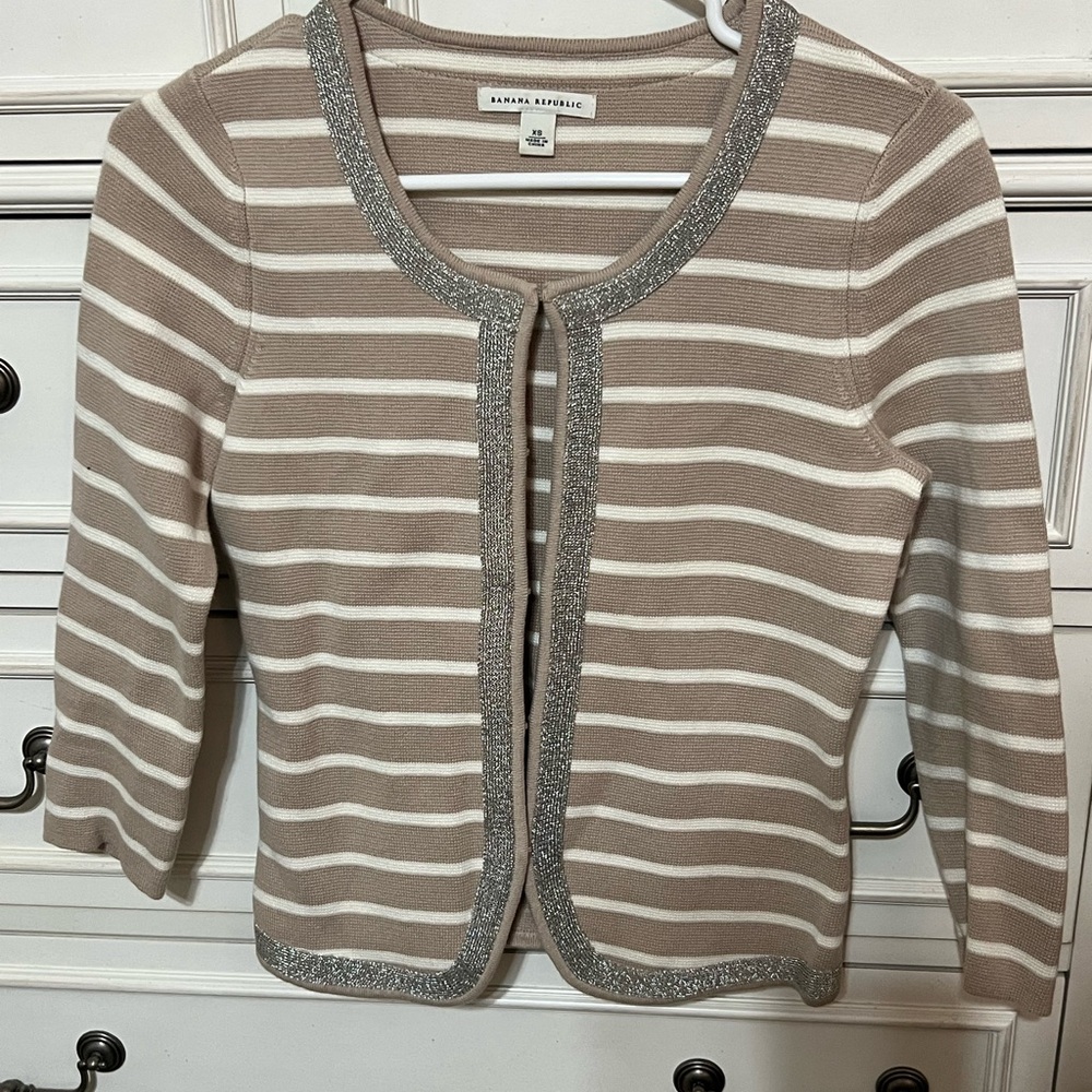Tan and white striped cardigan with silver glitter trim